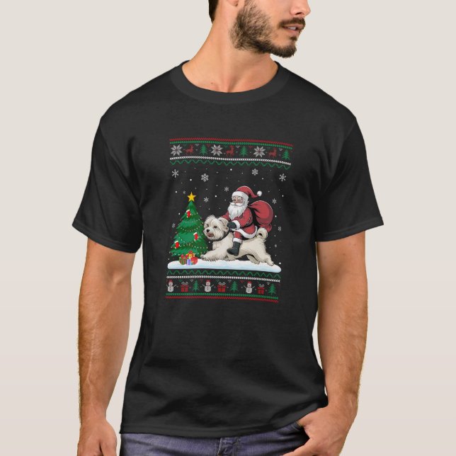 Ugly Christmas Tree Lights Xmas Santa Riding Malte T-Shirt (Front)