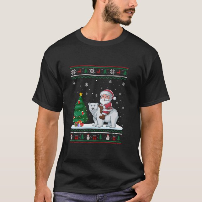Ugly Christmas Tree Lights Xmas Santa Riding Polar T-Shirt (Front)