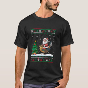 Ugly Christmas Tree Lights Xmas Santa Riding Wren T-Shirt