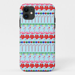 Ugly Christmas Tropical Pink Flamingos on Light Bl iPhone 11 Case