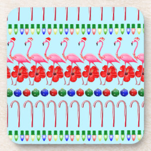 Ugly Christmas Tropical Pink Flamingos on Light Bl Coaster