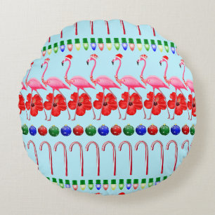 Ugly Christmas Tropical Pink Flamingos on Light Bl Round Cushion
