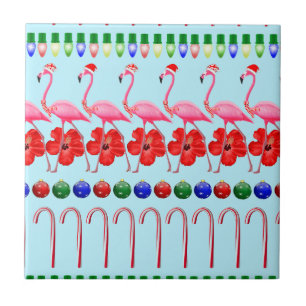 Ugly Christmas Tropical Pink Flamingos on Light Bl Tile