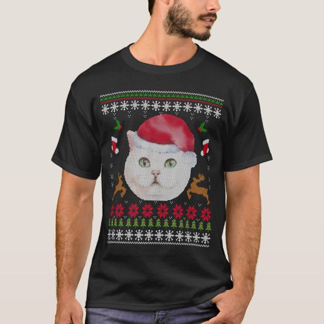 Ugly Christmas White Cat Sweater Like  with Santa  (Front)