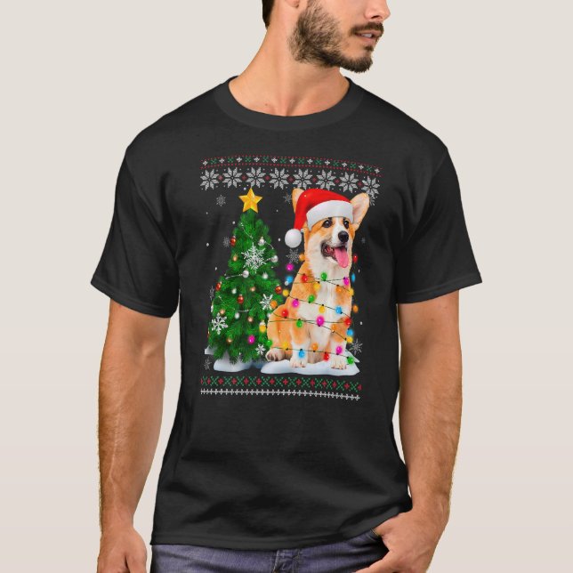 Ugly Corgi Dog Santa Hat Christmas Tree Light T-Shirt (Front)