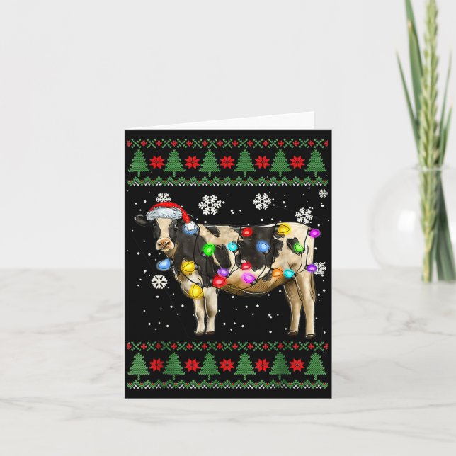 Ugly Cow Christmas Sweater Santa Hat And Light Up  Card (Front)