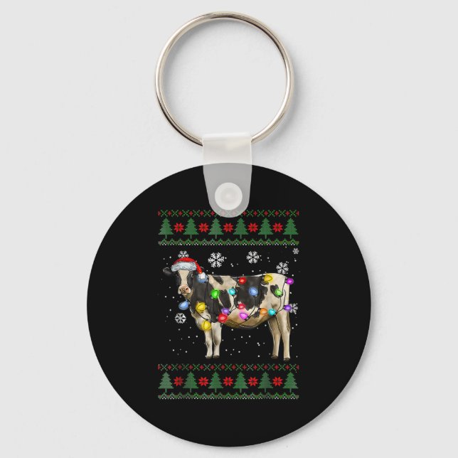 Ugly Cow Christmas Sweater Santa Hat And Light Up  Key Ring (Front)