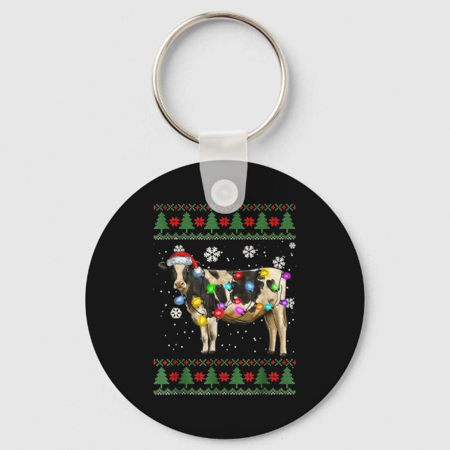 Ugly Cow Christmas Sweater Santa Hat And Light Up  Key Ring (Front)