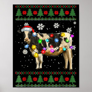 Ugly Cow Christmas Sweater Santa Hat And Light Up Poster