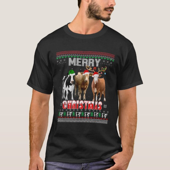 Ugly Cow Hat Santa Merry Christmas Lights Funny Co T-Shirt (Front)