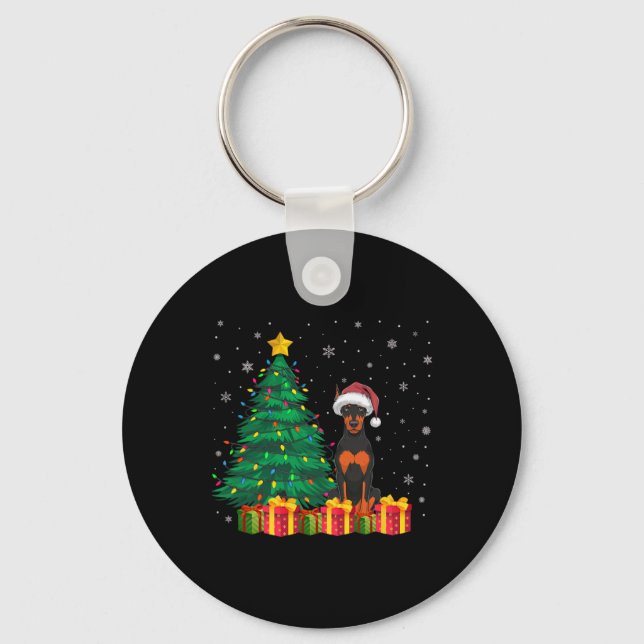 Ugly Doberman Pinscher Santa Hat Christmas Lights  Key Ring (Front)