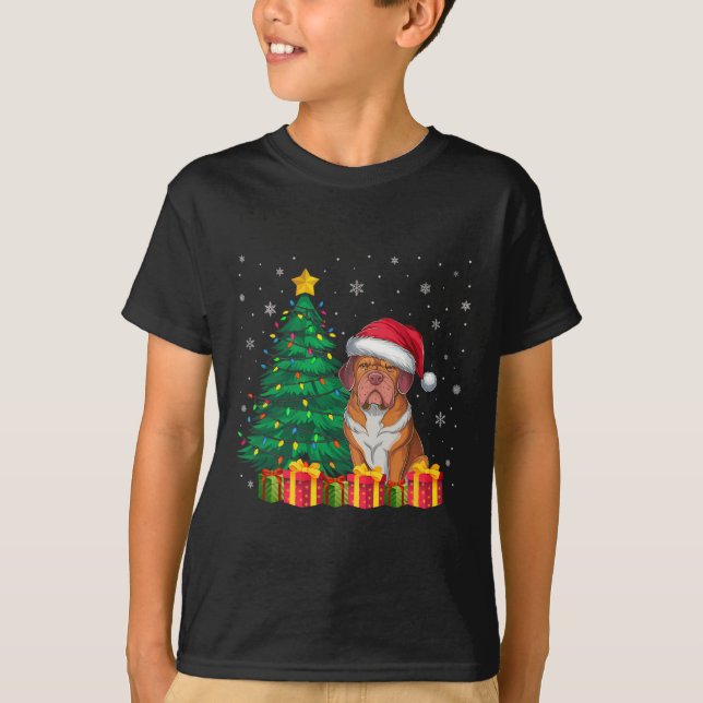Ugly Dogue De Bordeaux Santa Hat Christmas Lights  T-Shirt (Front)