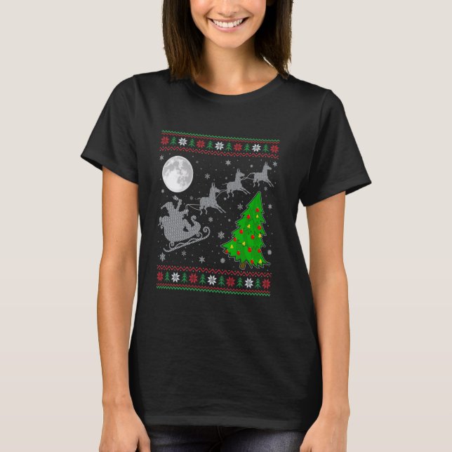 Ugly Donkey Xmas Lighting Tree Santa Riding Donkey T-Shirt (Front)