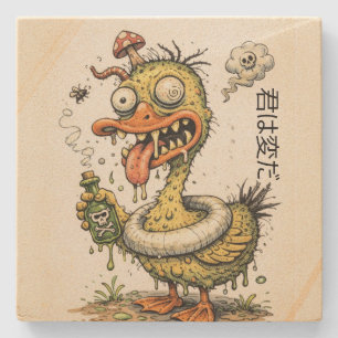 Ugly drunk duck monster Funny cartoon artwork Stone Coaster