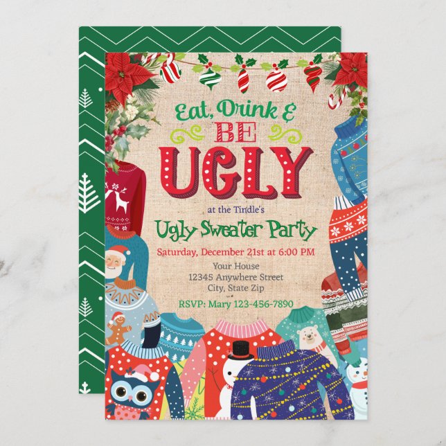 Ugly "Eat Drink & be Ugly" Christmas Sweater Party Holiday Card (Front/Back)