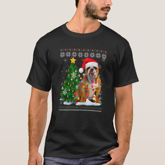 Ugly English Bulldog Dog Santa Hat Christmas Tree  T-Shirt (Front)