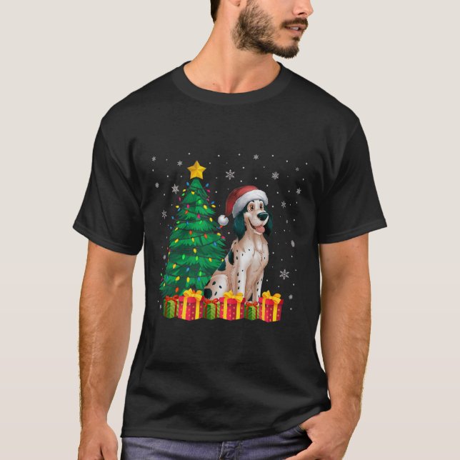 Ugly English Setter Santa Hat Christmas Lights Dog T-Shirt (Front)