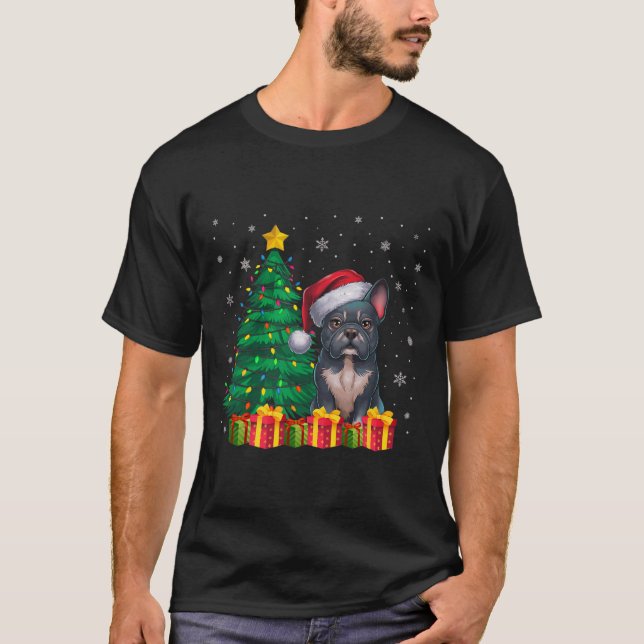 Ugly Frenchie Santa Hat Christmas Lights Dog Lover T-Shirt (Front)