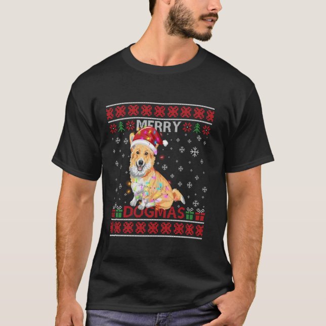 Ugly Funny Merry Dogmas Corgi Dog Santa Hat Lights T-Shirt (Front)