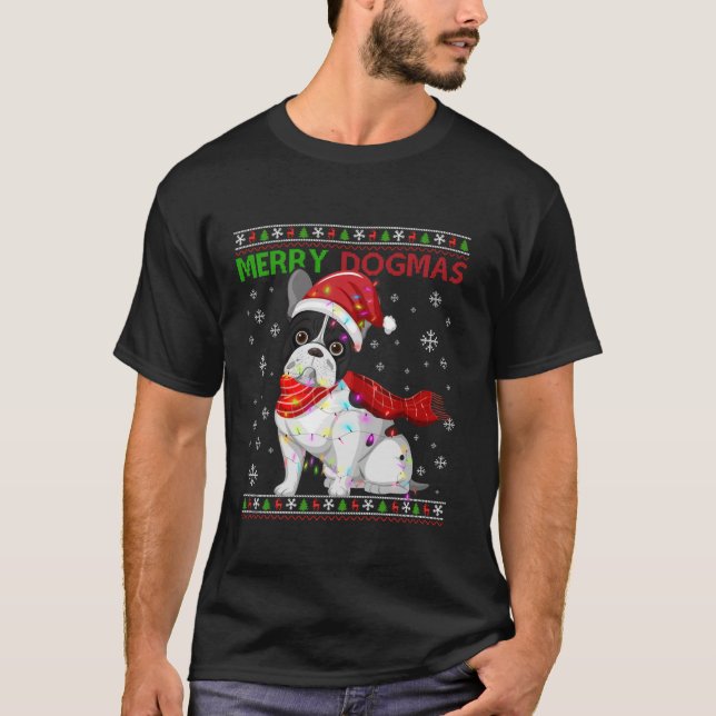 Ugly Funny Merry Dogmas French Bull Dog Santa Hat  T-Shirt (Front)