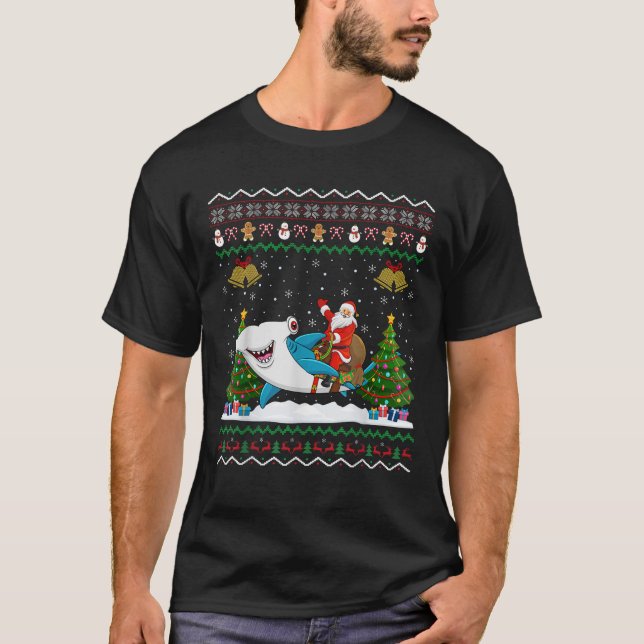 Ugly Hammerhead Shark Xmas Gift Santa Riding Shark T-Shirt (Front)