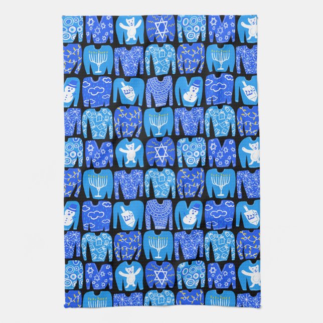 Ugly Hannukah Sweaters Holiday Pattern Tea Towel (Vertical)
