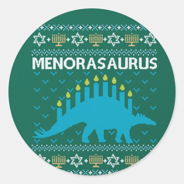 Ugly Hanukkah Sweater, Menorasaurus, Jewish Dinosa Classic Round Sticker (Front)