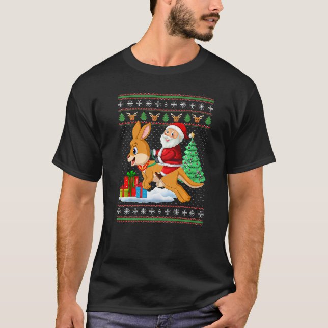 Ugly Kangaroo Xmas  Santa Riding Kangaroo Christma T-Shirt (Front)
