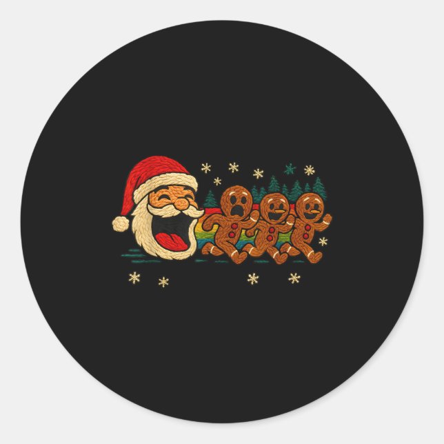 Ugly Knit Santa Chasing Gingerbread Funny Holiday  Classic Round Sticker (Front)