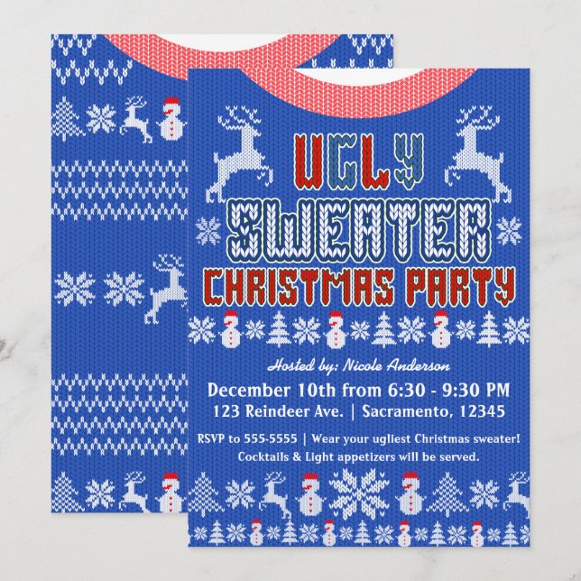 Ugly Knit Sweater Christmas Party Blue White Red Invitation (Front/Back)