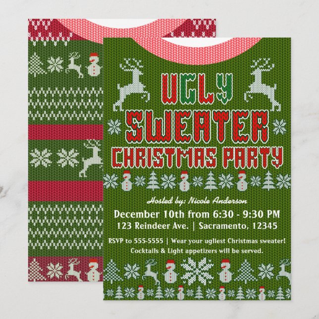 Ugly Knit Sweater Christmas Party Red & Green Invitation (Front/Back)