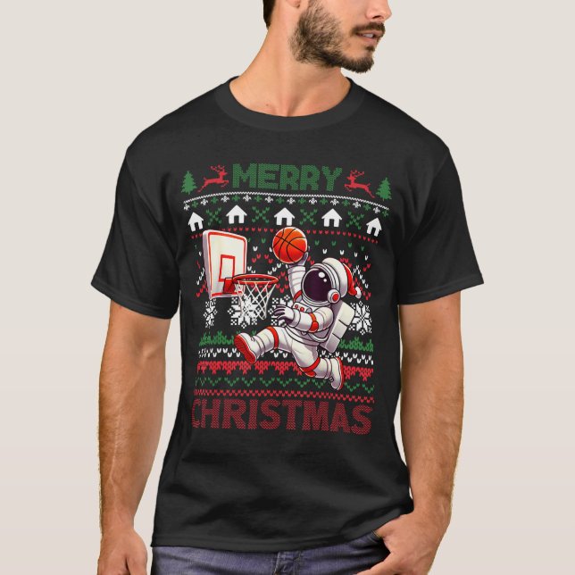 Ugly Merry Christmas Astronaut Dunk Santa Hat Snow T-Shirt (Front)