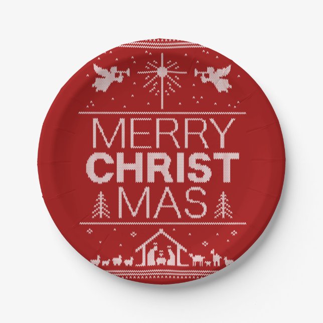 Ugly Merry Christmas Sweater  Christian Christ Red Paper Plate (Front)