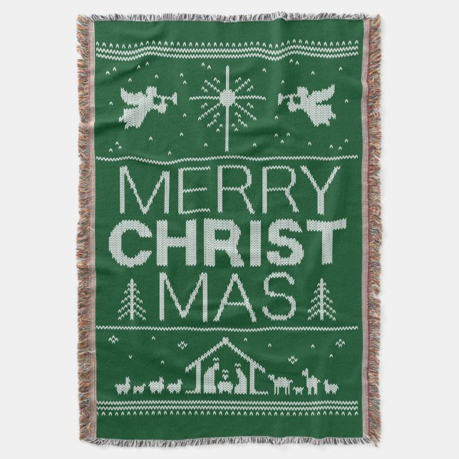 Ugly Merry Christmas Sweater Christian Jesus God Throw Blanket (Front Vertical)
