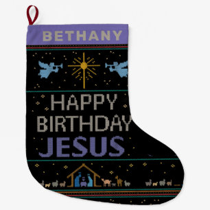 Ugly Merry Christmas Sweater Happy Birthday Jesus Large Christmas Stocking