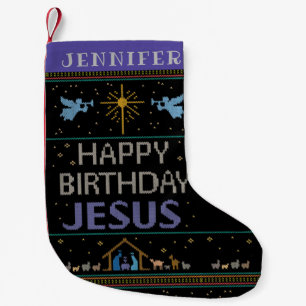 Ugly Merry Christmas Sweater Happy Birthday Jesus Small Christmas Stocking