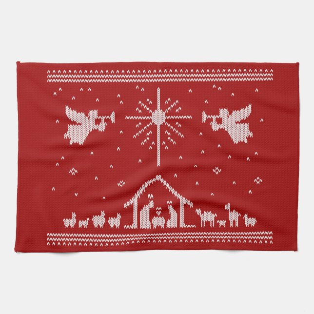 Ugly Merry Christmas Sweater Nativity Religious Tea Towel (Horizontal)