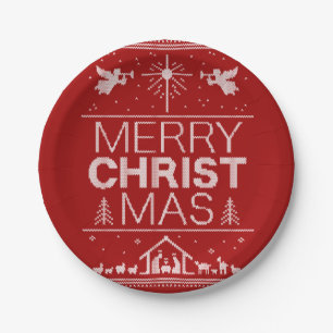Ugly Merry Christmas Sweater  Religious Christ Red Paper Plate