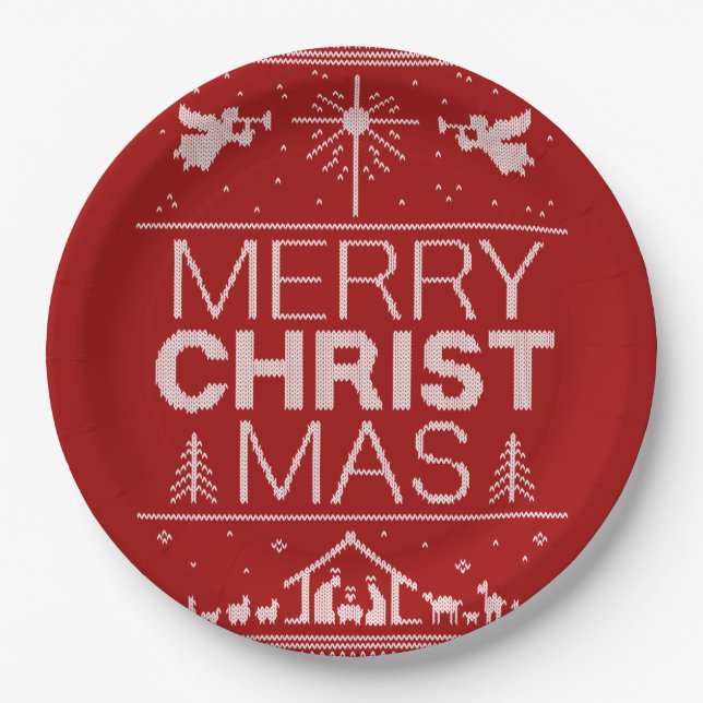 Ugly Merry Christmas Sweater  Religious Christ Red Paper Plate (Front)