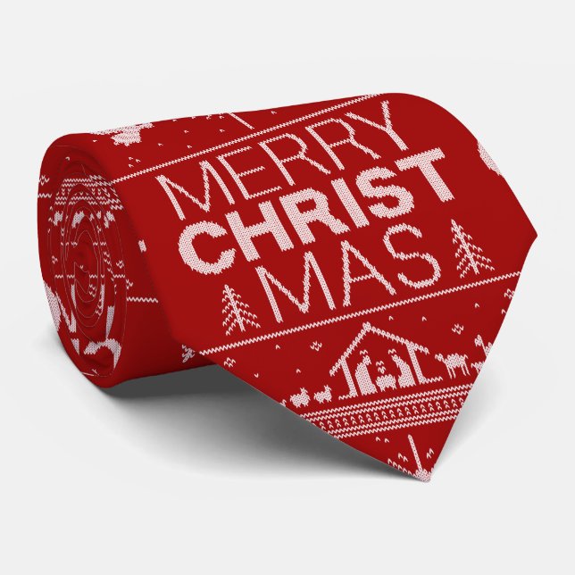 Ugly Merry Christmas Sweater Religious Christian Tie (Rolled)