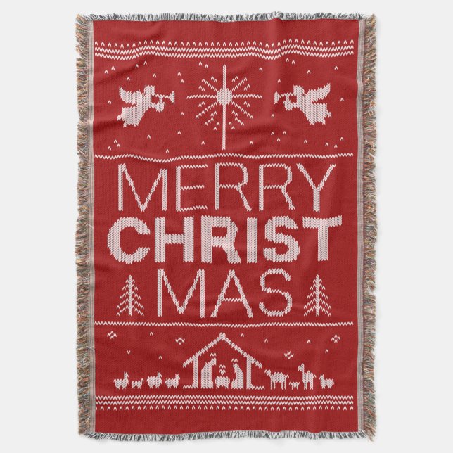 Ugly Merry CHRISTmas Sweater Religious Red White Throw Blanket (Front Vertical)