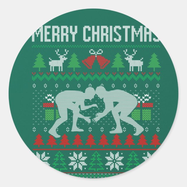 Ugly Merry Christmas Wrestling Wrestler Santa Xmas Classic Round Sticker (Front)