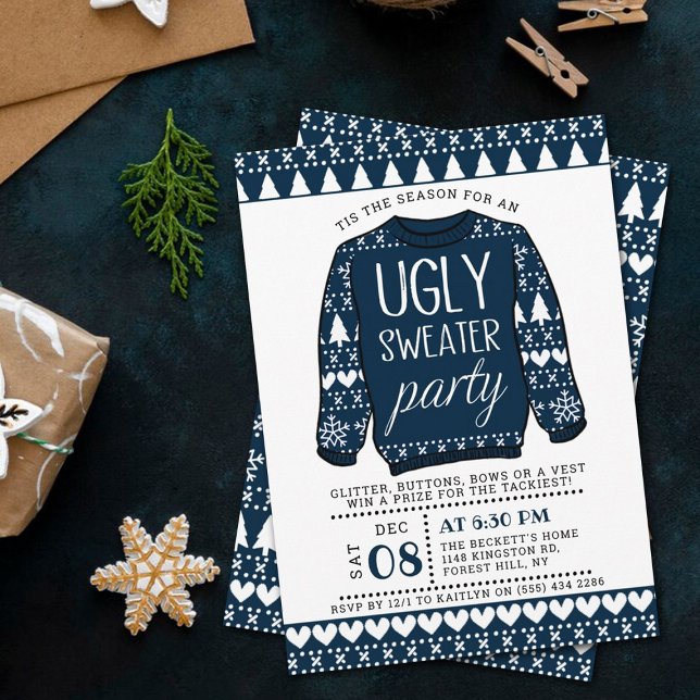 Ugly Navy Blue Christmas Sweater Holiday Party Invitation (Creator Uploaded)
