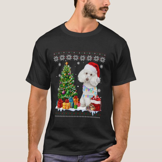 Ugly Poodle Dog Santa Hat Christmas Tree Light T-Shirt (Front)