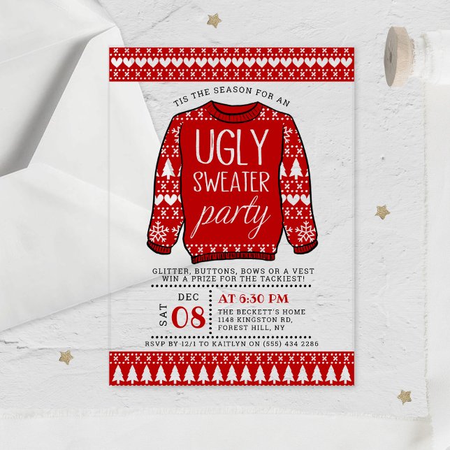 Ugly Red Christmas Sweater Holiday Party Acrylic Invitations (Creator Uploaded)