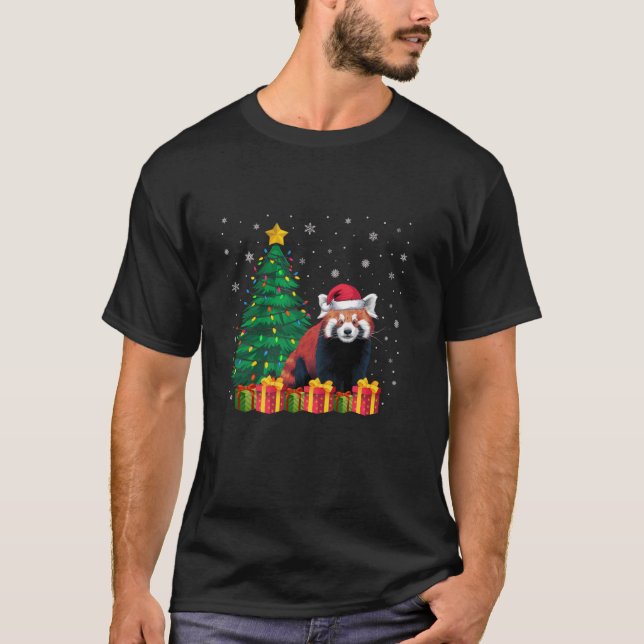 Ugly Red Panda Santa Hat Christmas Tree Lights Paj T-Shirt (Front)