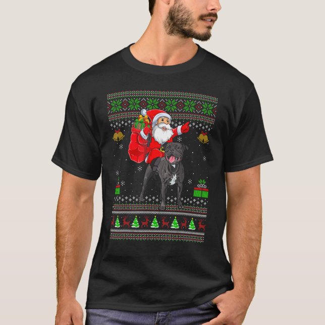 Ugly Santa Riding Staffordshire Bull Terrier Dog C T-Shirt (Front)