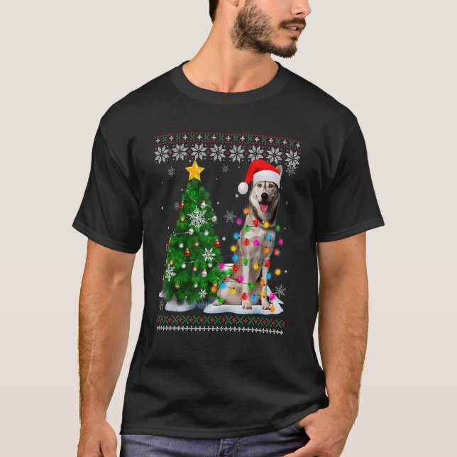 Ugly Siberian Husky Dog Santa Hat Christmas Tree L T-Shirt (Front)