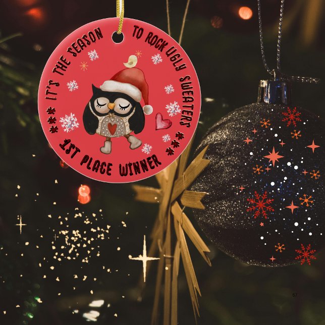Ugly Sweater 1st Winner Owl Ceramic Tree Decoration (Ugly Sweater 1st Winner Owl Ceramic Ornament)