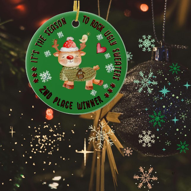 Ugly Sweater 2nd Winner Deer Ceramic Tree Decoration (Ugly Sweater 2nd Winner Deer Ceramic Ornament)